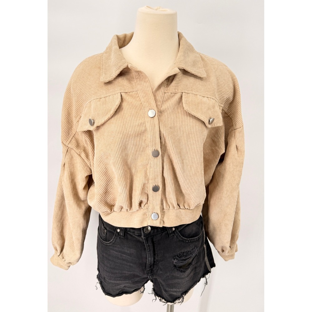 Hyfve Corduroy‎ Cropped Jacket Women Size S Tan Beige Shacket Boho Retro Utility